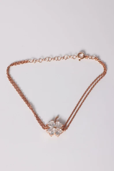 925 ayar gümüş bileklik rose zirkon taşlı çift zincirli yonca bileklik SGTL13174BEYAZ - Resim 5