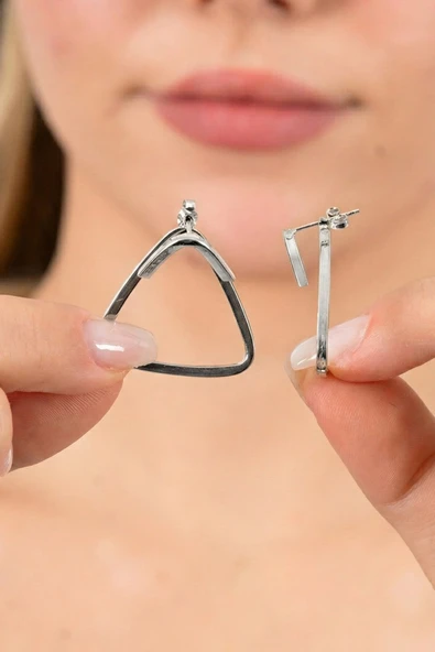 925 ayar gümüş küpe tasarım üçgen şekilli şarnel küpe SGTL13155RODAJ - Resim 2