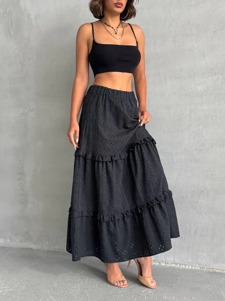 Fırfırlı brodeli astarlı uzun etek siyah s255047 ürün görseli