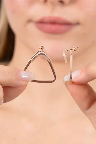 925 ayar gümüş küpe rose tasarım üçgen şekilli şarnel küpe SGTL13155ROSE - Resim 2