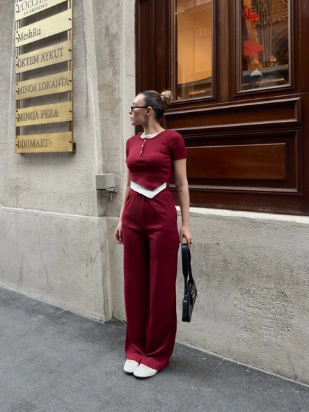 Düğme yakalı bordo alt üst takım s3943 - Resim 3