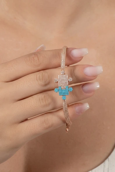 925 ayar gümüş bileklik rose turkuaz ve zirkon taşlı asansörlü yapboz modeli bileklik SGTL13170ROSE ürün görseli