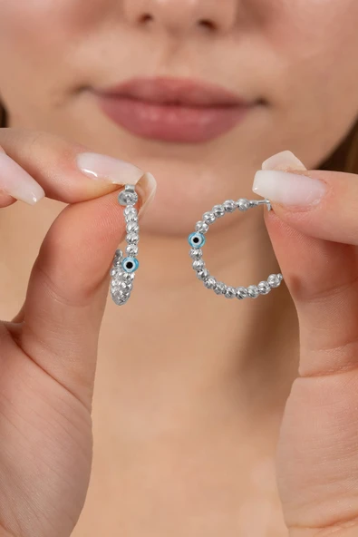 925 ayar gümüş küpe rodyumlu 22 mm nazarlı dorica halka küpe SGTL13161RODAJ ürün görseli