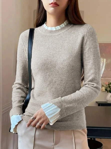 MDB Kadın Uzun Kollu Fırfırlı Yakalı Triko Krem Bluz ürün görseli 1