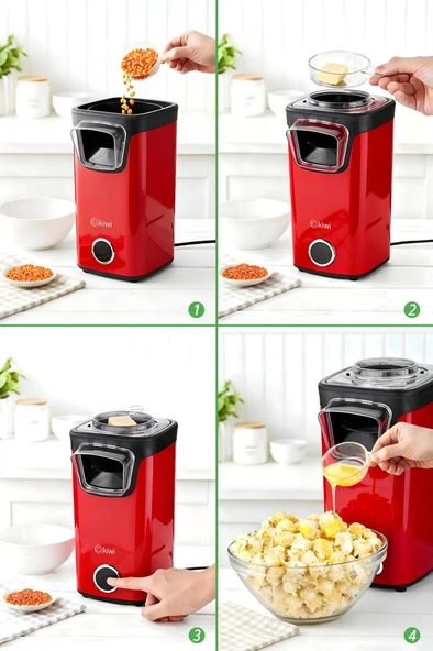 Kiwi KPM-7412 KIRMIZI Patlamış Mısır Makinesi | Sıcak Hava Teknolojisi | Yağsız & Sağlıklı Atıştırmalık - Resim 2