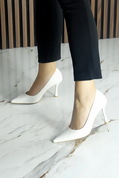 Erkan Saçmacı Suzanna Beyaz Hakiki Dana Derisi Sivri Burun Klasik İnce Topuklu Ayakkabı - Resim 6