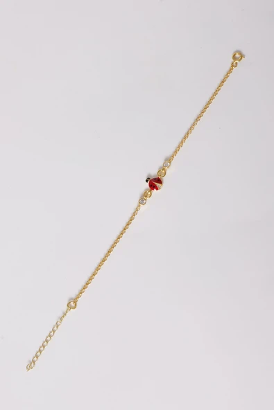925 ayar gümüş bileklik altın yaldızlı zirkon taşlı kırmızı mineli uğur böceği çocuk bileklik SGTL13175GOLD - Resim 4
