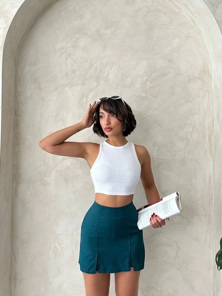 Çift yırtmaçlı atlas şort etek petrol yeşili s240364 - Resim 3