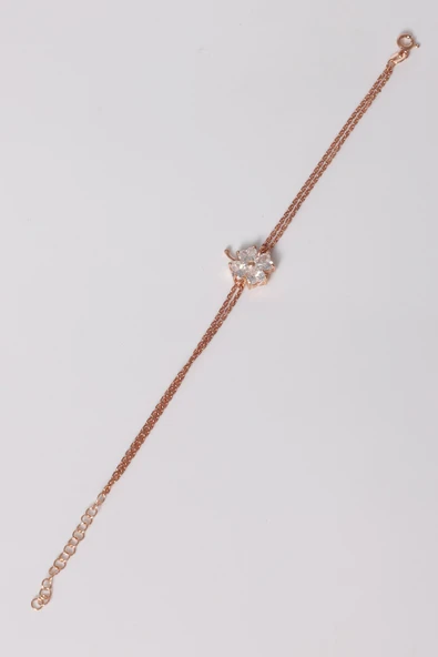 925 ayar gümüş bileklik rose zirkon taşlı çift zincirli yonca bileklik SGTL13174BEYAZ - Resim 6