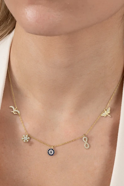 925 ayar gümüş kolye altın yaldızlı zirkon taşlı nazarlı şans kolyesi SGTL13181GOLD ürün görseli