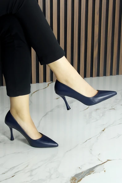 Erkan Saçmacı Suzanna Lacivert Hakiki Dana Derisi Sivri Burun Klasik İnce Topuklu Ayakkabı - Resim 3