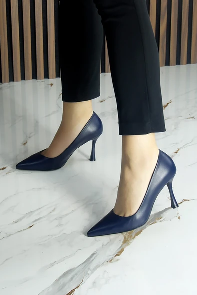 Erkan Saçmacı Suzanna Lacivert Hakiki Dana Derisi Sivri Burun Klasik İnce Topuklu Ayakkabı - Resim 6
