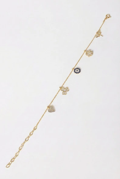 925 ayar gümüş bileklik altın yaldızlı zirkon taşlı nazar boncuklu şans bilekliği SGTL13172GOLD - Resim 3