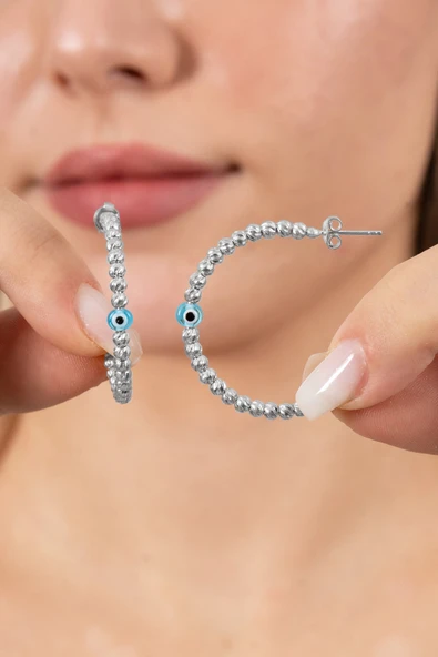 925 ayar gümüş küpe rodyumlu büyük boy nazarlı dorica halka küpe SGTL13154RODAJ ürün görseli