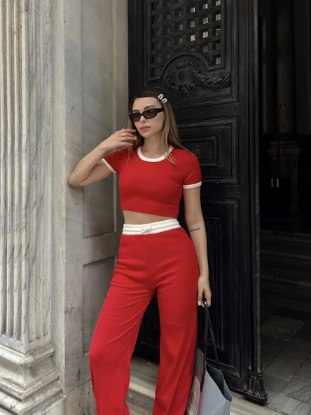 Crop pantolon biyeli takım kırmızı - Resim 5