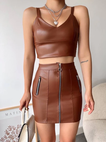 Üç fermuarlı deri etek kahve - Resim 2