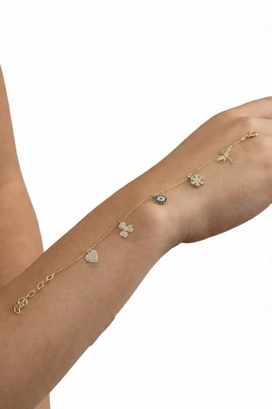 925 ayar gümüş bileklik altın yaldızlı zirkon taşlı nazar boncuklu şans bilekliği SGTL13172GOLD ürün görseli