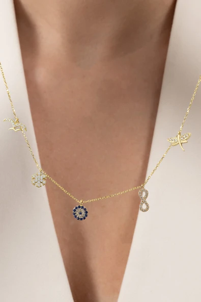 925 ayar gümüş kolye altın yaldızlı zirkon taşlı nazarlı şans kolyesi SGTL13181GOLD - Resim 2