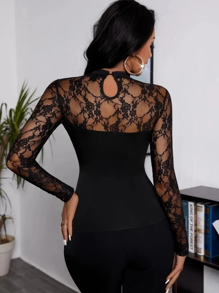 MDB Kadın Uzun Kollu Dantel Detaylı Viskon Bluz - Resim 3