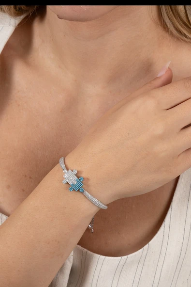 925 ayar gümüş bileklik rodyumlu turkuaz ve zirkon taşlı asansörlü yapboz modeli bileklik SGTL13170RODAJ - Resim 2