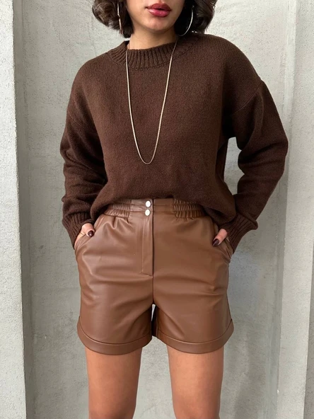 Beli lastikli çıtçıtlı deri şort kahve w241007 ürün görseli 1