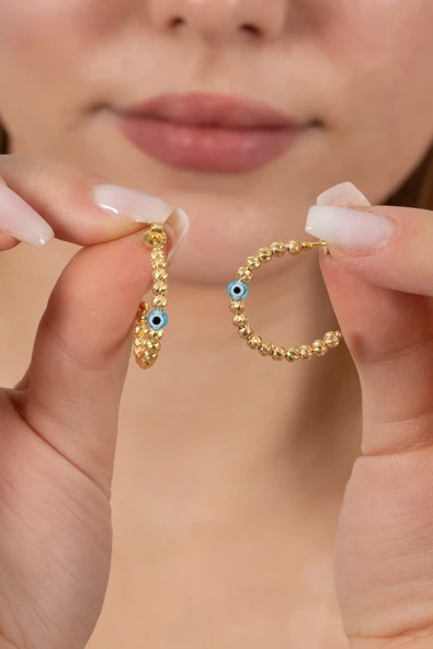 925 ayar gümüş küpe altın yaldızlı 22 mm nazarlı dorica halka küpe SGTL13161GOLD ürün görseli