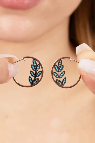 925 ayar gümüş küpe rose turkuaz taşlı yaprak modeli halka küpe. SGTL13166MAVI ürün görseli