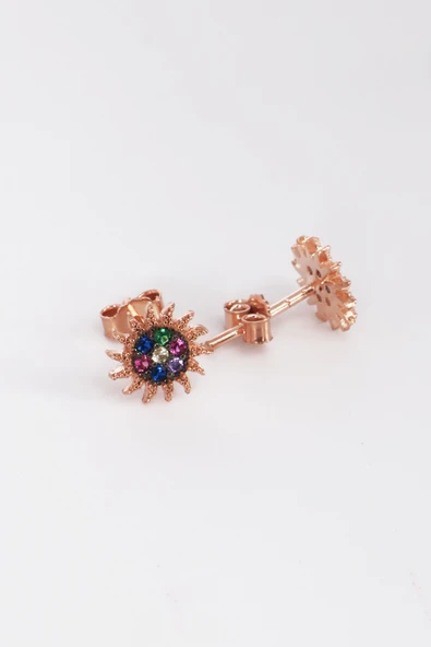 925 ayar gümüş küpe rose renkli zirkon taşlı güneş modeli küpe SGTL13167RENKLI - Resim 4