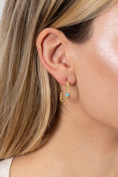 925 ayar gümüş küpe altın yaldızlı 22 mm nazarlı dorica halka küpe SGTL13161GOLD - Resim 3