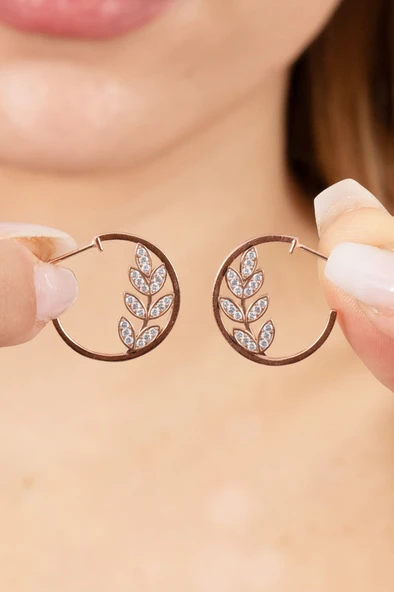 925 ayar gümüş küpe rose zirkon taşlı yaprak modeli halka küpe. SGTL13166BEYAZ ürün görseli