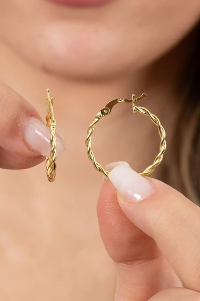 925 ayar gümüş küpe altın yaldızlı çift burma şarnel halka küpe SGTL13158GOLD ürün görseli