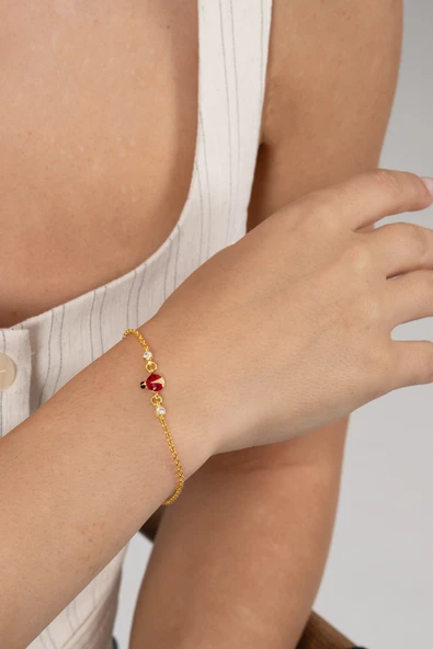 925 ayar gümüş bileklik altın yaldızlı zirkon taşlı kırmızı mineli uğur böceği çocuk bileklik SGTL13175GOLD ürün görseli