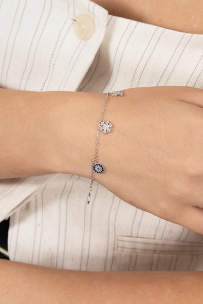 925 ayar gümüş bileklik rodyumlu zirkon taşlı nazar boncuklu şans bilekliği SGTL13172RODAJ - Resim 3