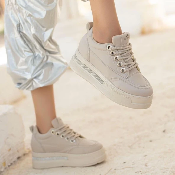 Lulu Bej Cilt Bağcıklı Spor Ayakkabı - Resim 3