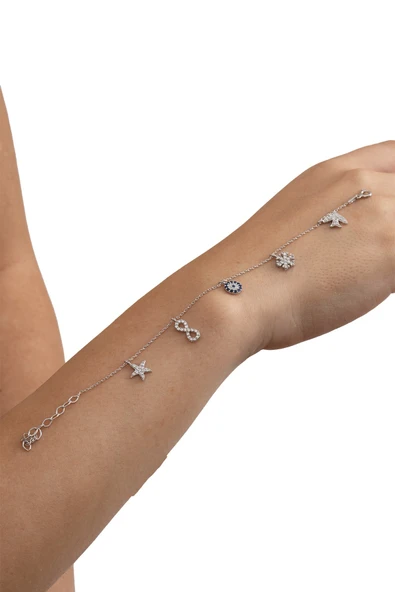 925 ayar gümüş bileklik rodyumlu zirkon taşlı nazar boncuklu şans bilekliği SGTL13172RODAJ - Resim 2