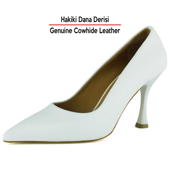 Erkan Saçmacı Suzanna Beyaz Hakiki Dana Derisi Sivri Burun Klasik İnce Topuklu Ayakkabı - Resim 8