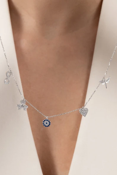 925 ayar gümüş kolye rodyumlu zirkon taşlı nazarlı şans kolyesi SGTL13181RODAJ - Resim 3