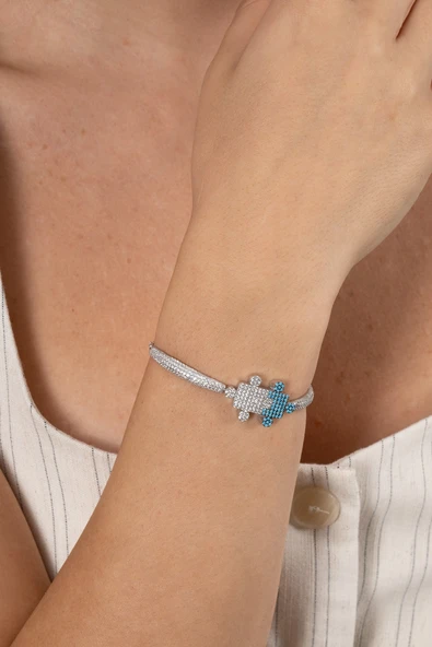 925 ayar gümüş bileklik rodyumlu turkuaz ve zirkon taşlı asansörlü yapboz modeli bileklik SGTL13170RODAJ - Resim 4