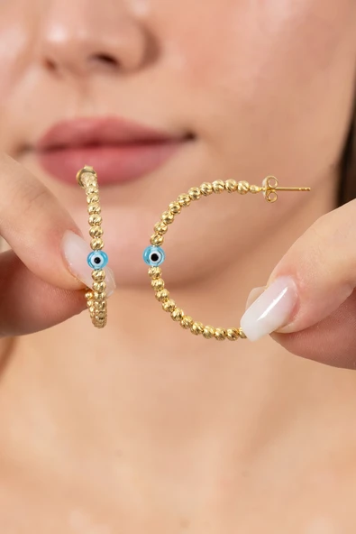 925 ayar gümüş küpe altın yaldızlı büyük boy nazarlı dorica halka küpe SGTL13154GOLD ürün görseli