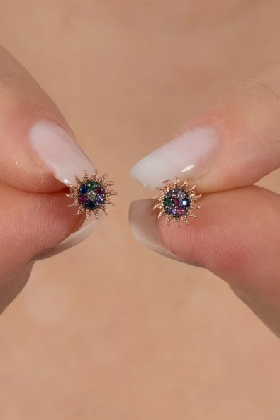 925 ayar gümüş küpe rose renkli zirkon taşlı güneş modeli küpe SGTL13167RENKLI ürün görseli