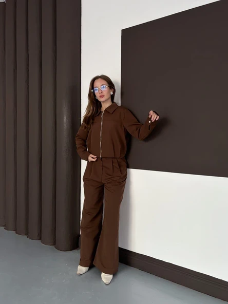 Trenç takım alt üst kahve ons - Resim 7