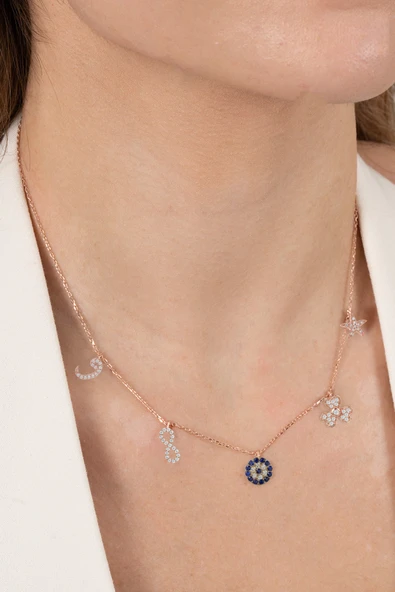 925 ayar gümüş kolye rose zirkon taşlı nazarlı şans kolyesi SGTL13181ROSE ürün görseli