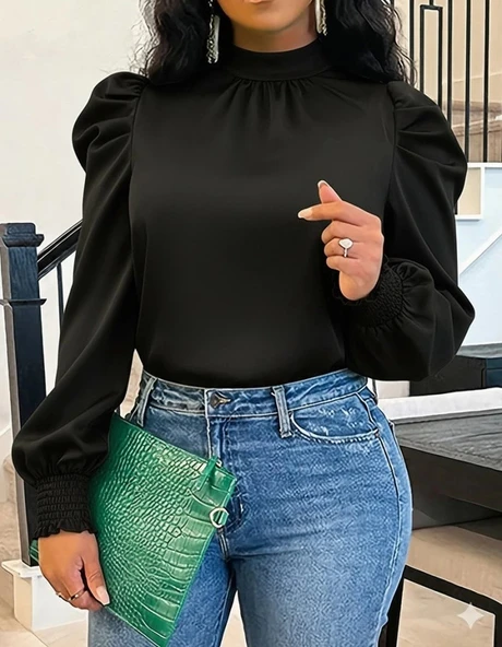 MDB Kadın Uzun Kollu Balıkçı Yaka Arkadan Bağlamalı Omuzlardan Balon Ithal Krep Bluz ürün görseli 1