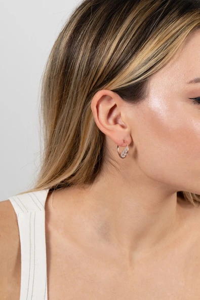 925 ayar gümüş küpe rose zirkon taşlı yaprak modeli halka küpe. SGTL13166BEYAZ - Resim 2