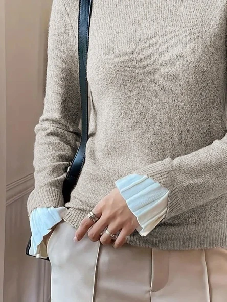 MDB Kadın Uzun Kollu Fırfırlı Yakalı Triko Krem Bluz - Resim 3