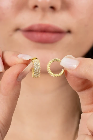 925 ayar gümüş küpe altın yaldızlı zirkon taşlı 3 sıra tamtur halka küpe SGTL13163GOLD ürün görseli