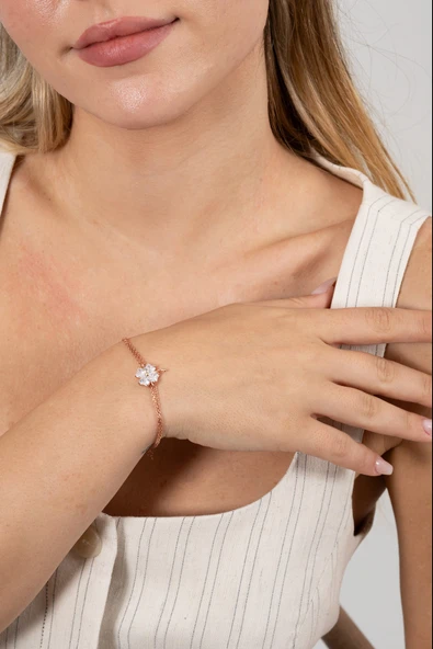 925 ayar gümüş bileklik rose zirkon taşlı çift zincirli yonca bileklik SGTL13174BEYAZ - Resim 2