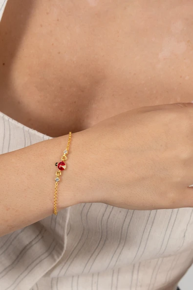 925 ayar gümüş bileklik altın yaldızlı zirkon taşlı kırmızı mineli uğur böceği çocuk bileklik SGTL13175GOLD - Resim 3