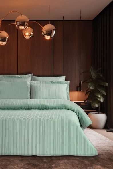 Pierre Cardin Çizgili Saten Nevresim Takımı Çift Kişilik Voyage Su Yeşili ürün görseli 1