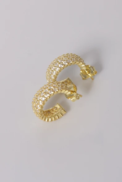 925 ayar gümüş küpe altın yaldızlı zirkon taşlı 3 sıra tamtur halka küpe SGTL13163GOLD - Resim 5